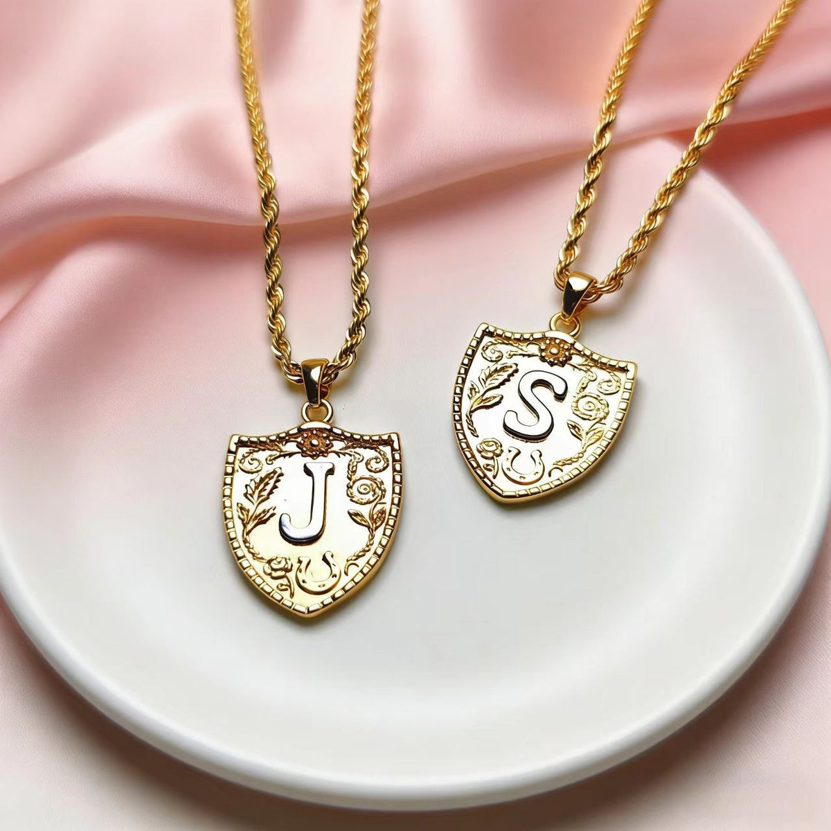 Embossed Shield Initial Necklace