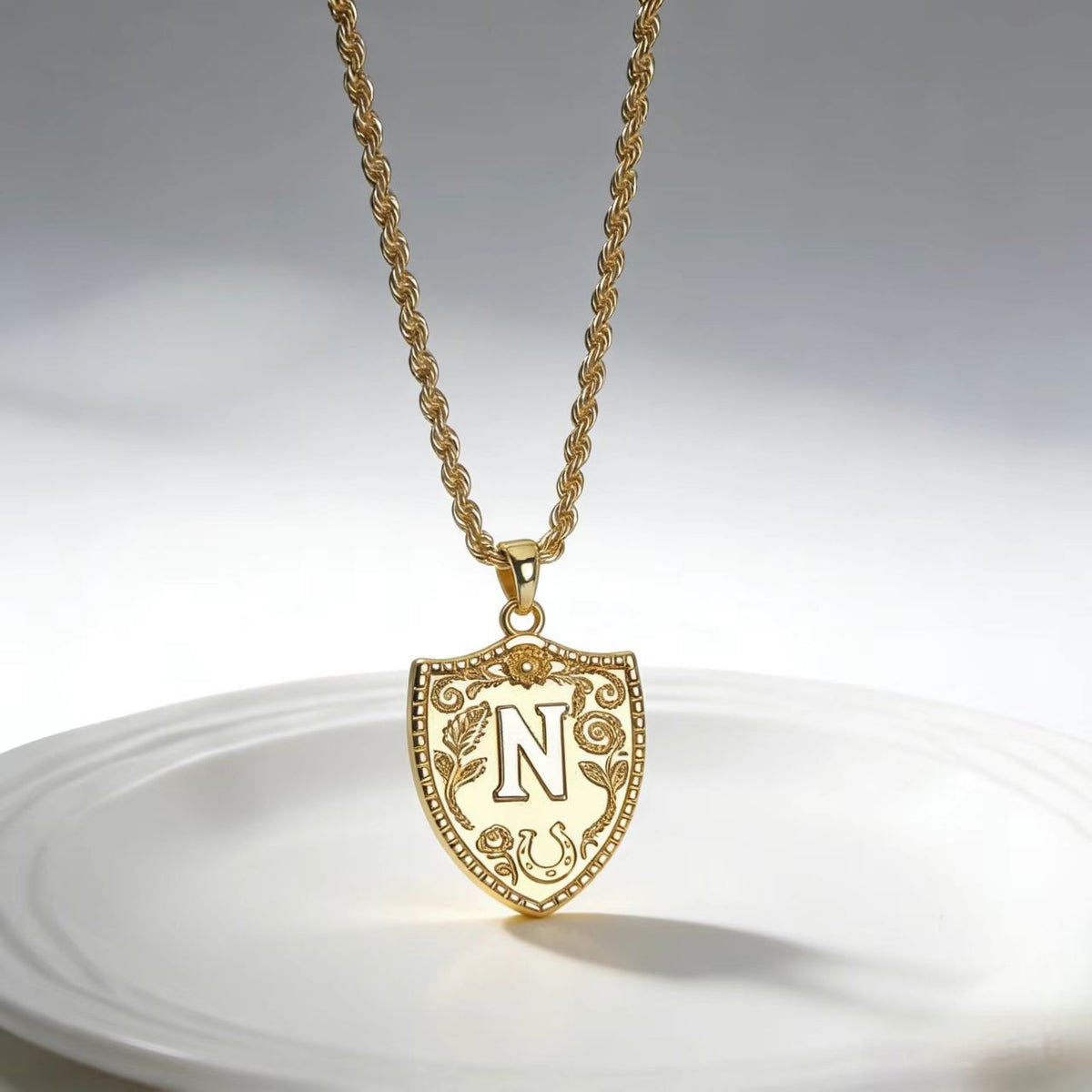 Embossed Shield Initial Necklace