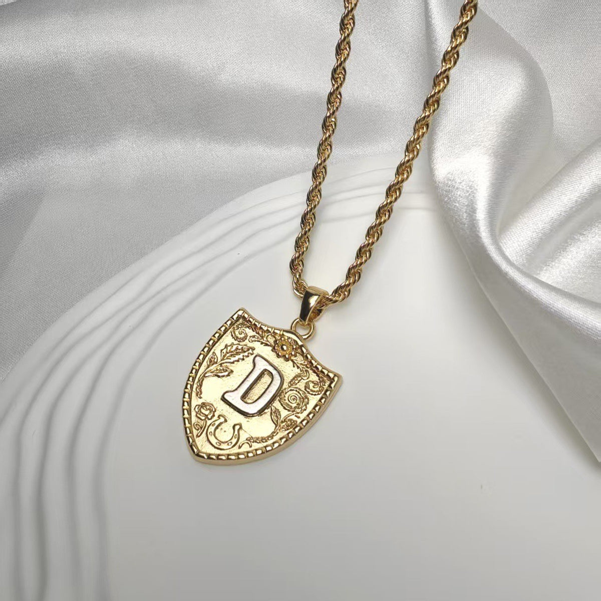 Embossed Shield Initial Necklace