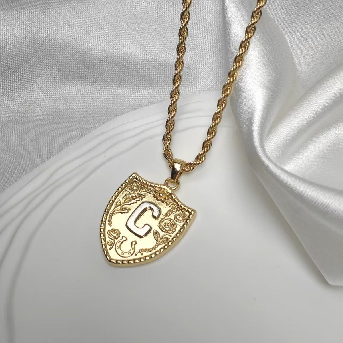 Embossed Shield Initial Necklace