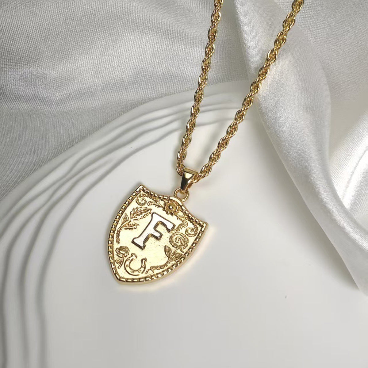 Embossed Shield Initial Necklace