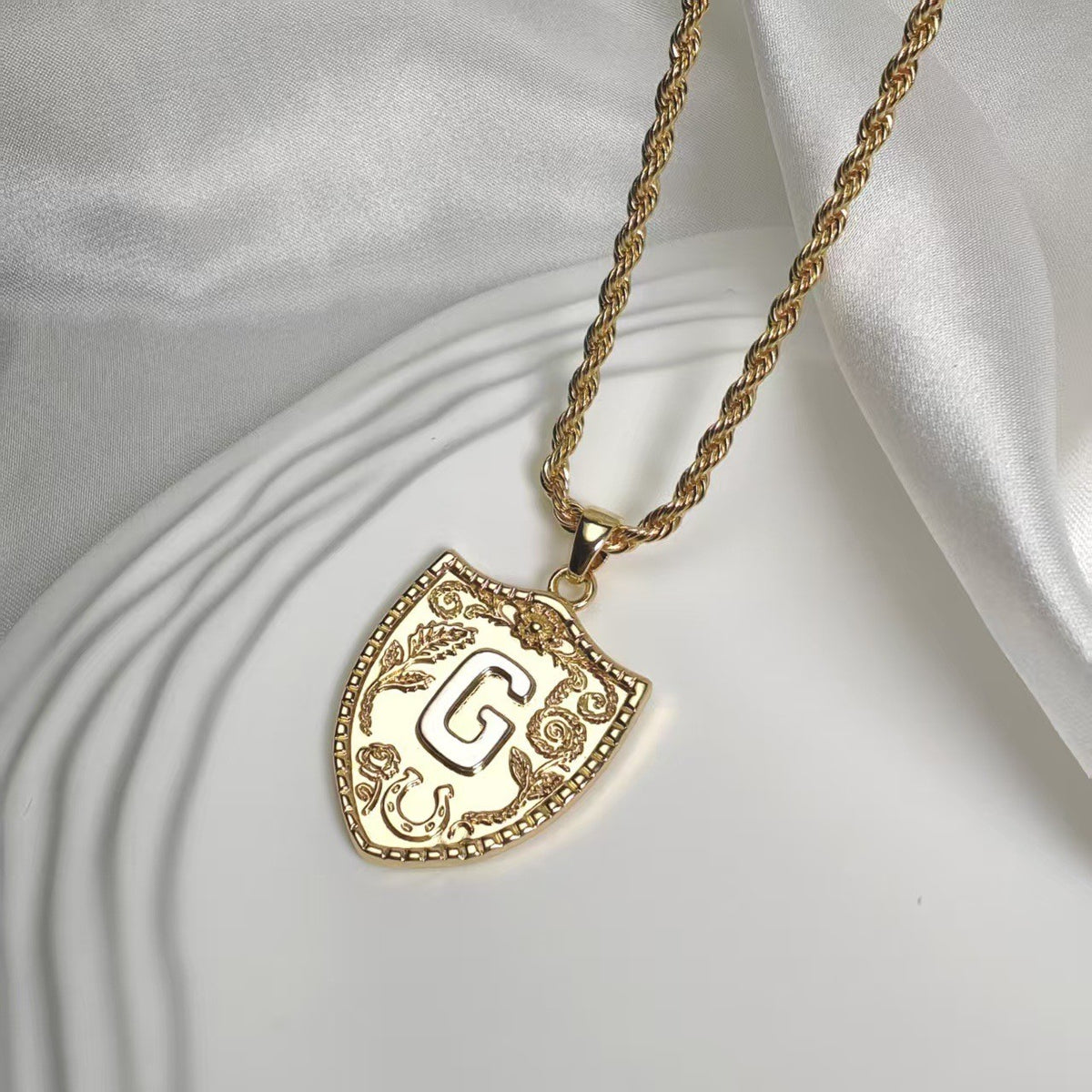 Embossed Shield Initial Necklace