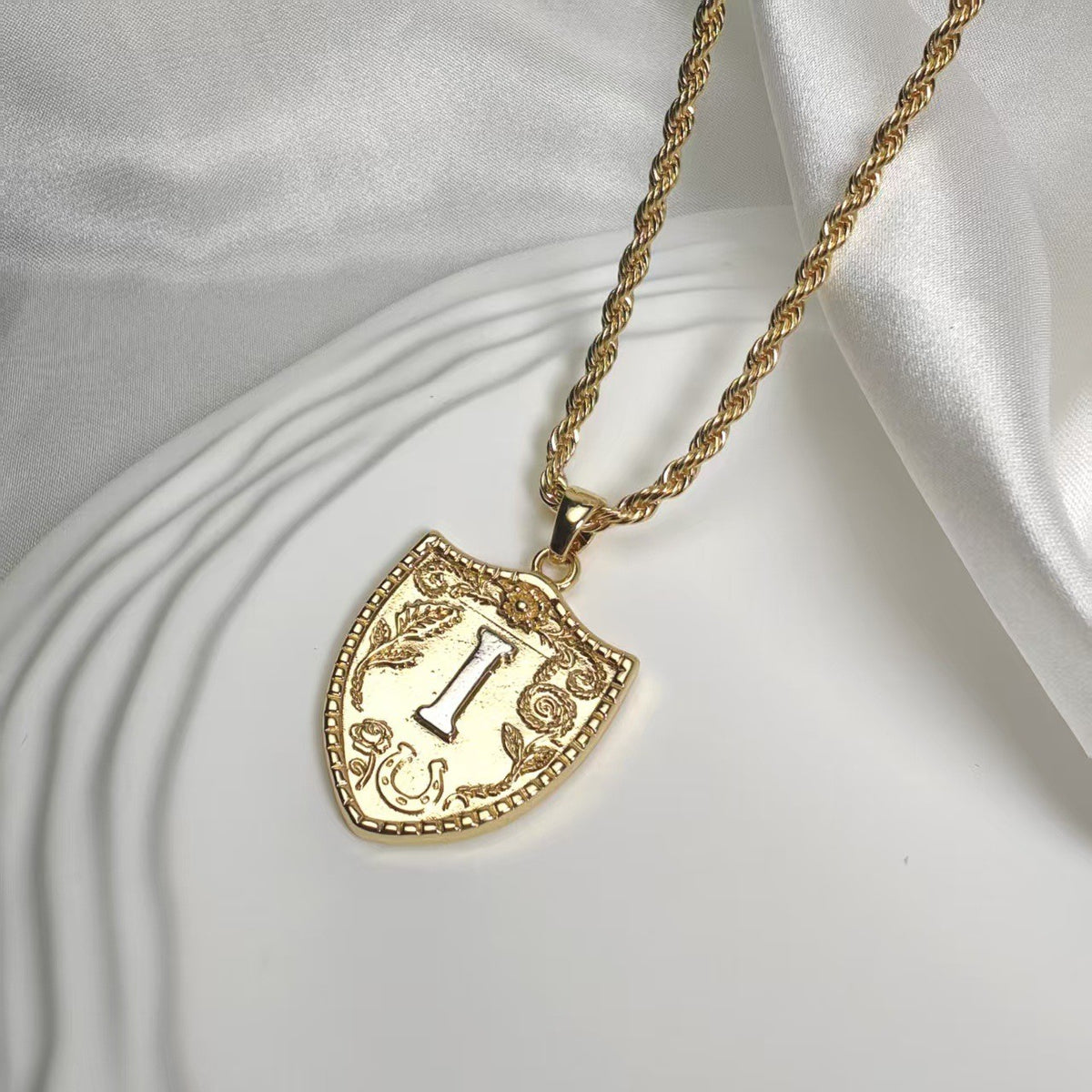 Embossed Shield Initial Necklace