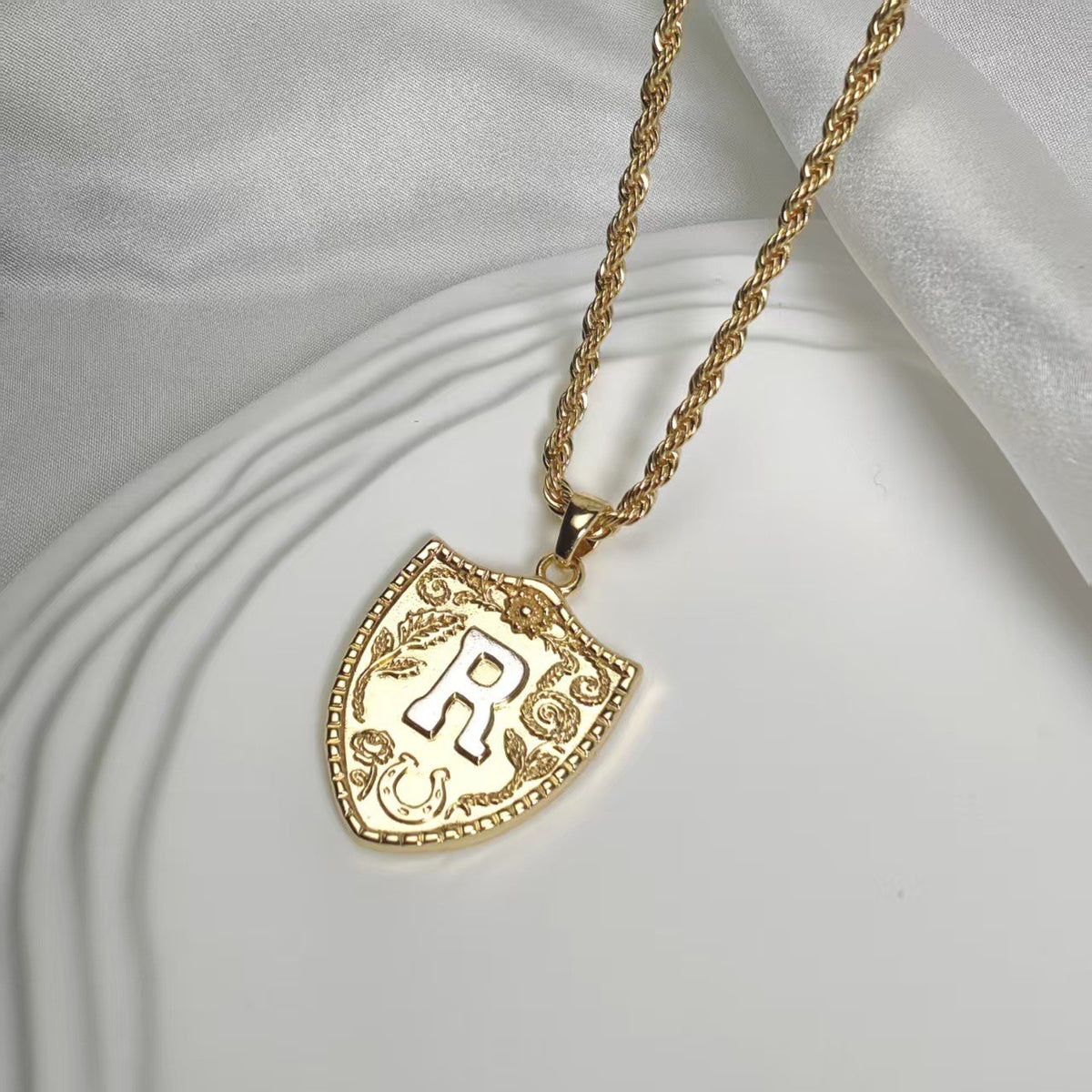 Embossed Shield Initial Necklace