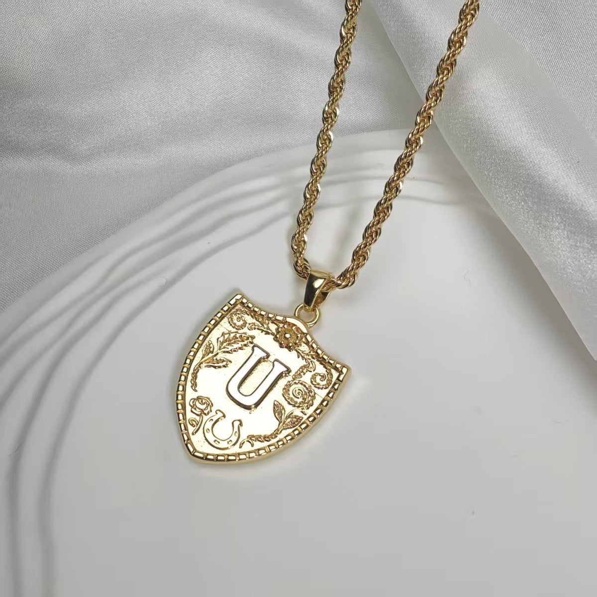 Embossed Shield Initial Necklace
