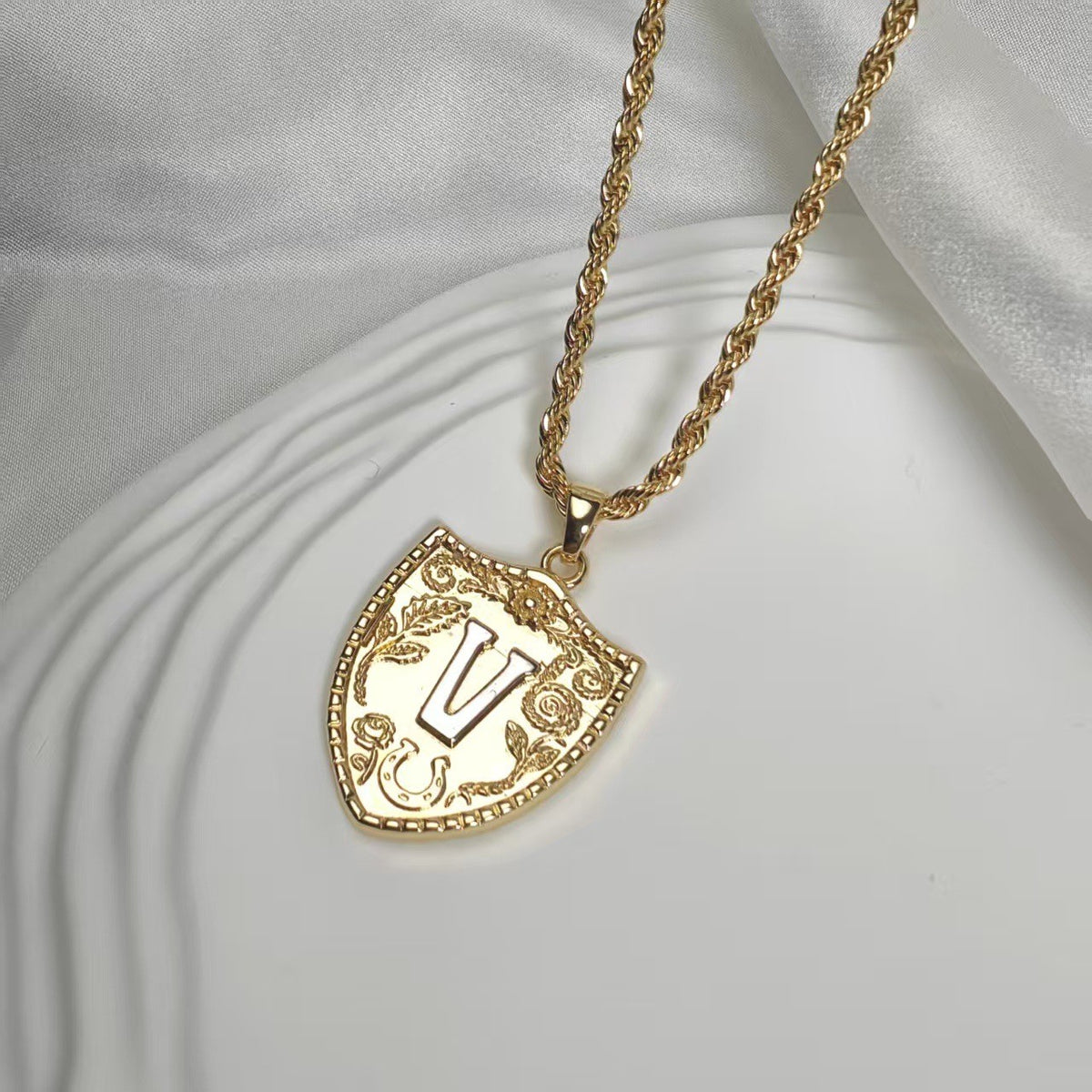 Embossed Shield Initial Necklace