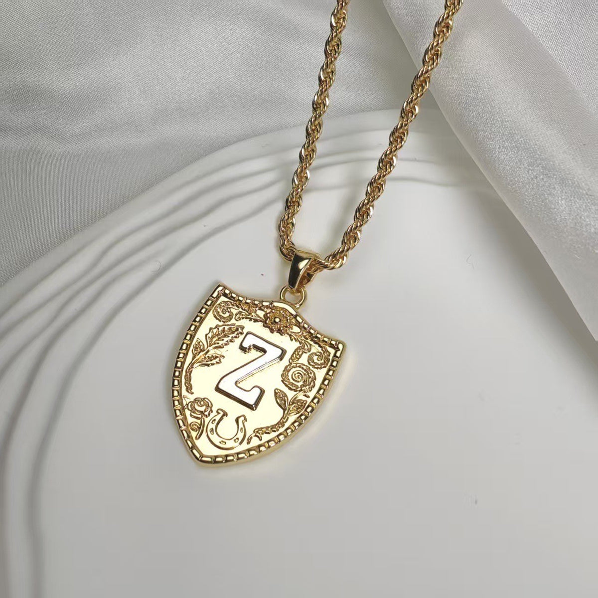 Embossed Shield Initial Necklace