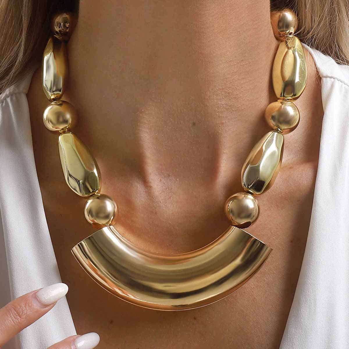 Gold-Tone Curved Bar & Bead Statement Necklace