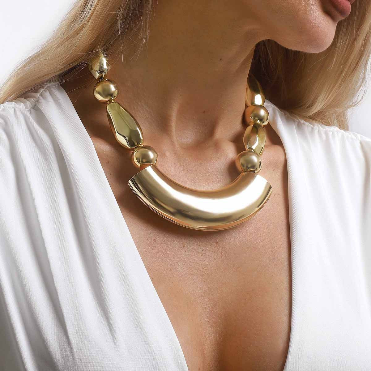 Gold-Tone Curved Bar & Bead Statement Necklace