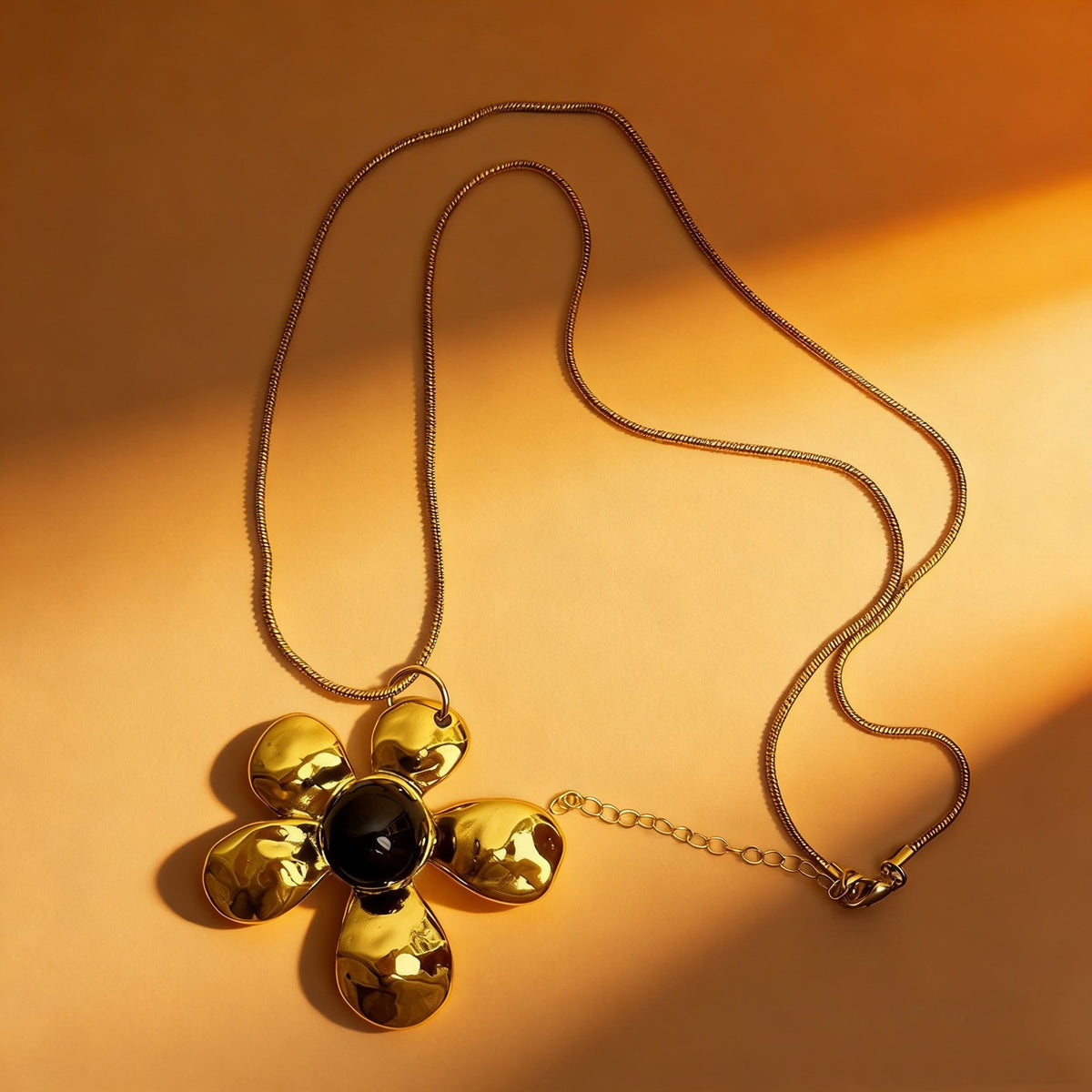 Hammered Petal Flower Necklace with Dark Stone