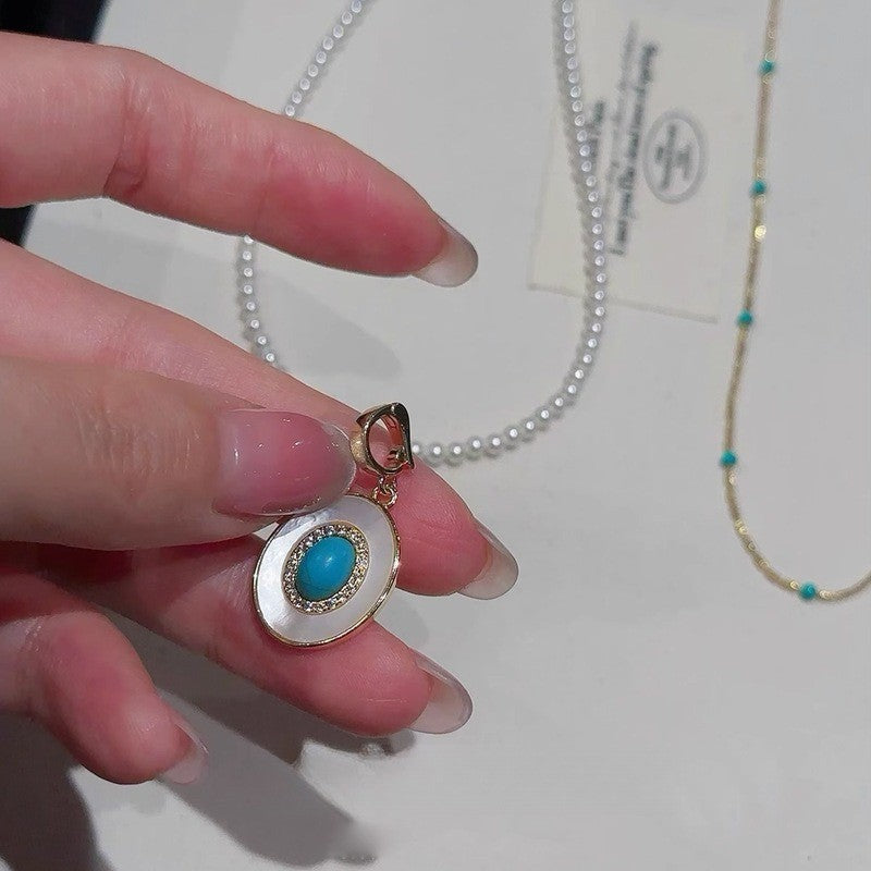 Turquoise Oval Pendant & Pearl Strand Necklace Set