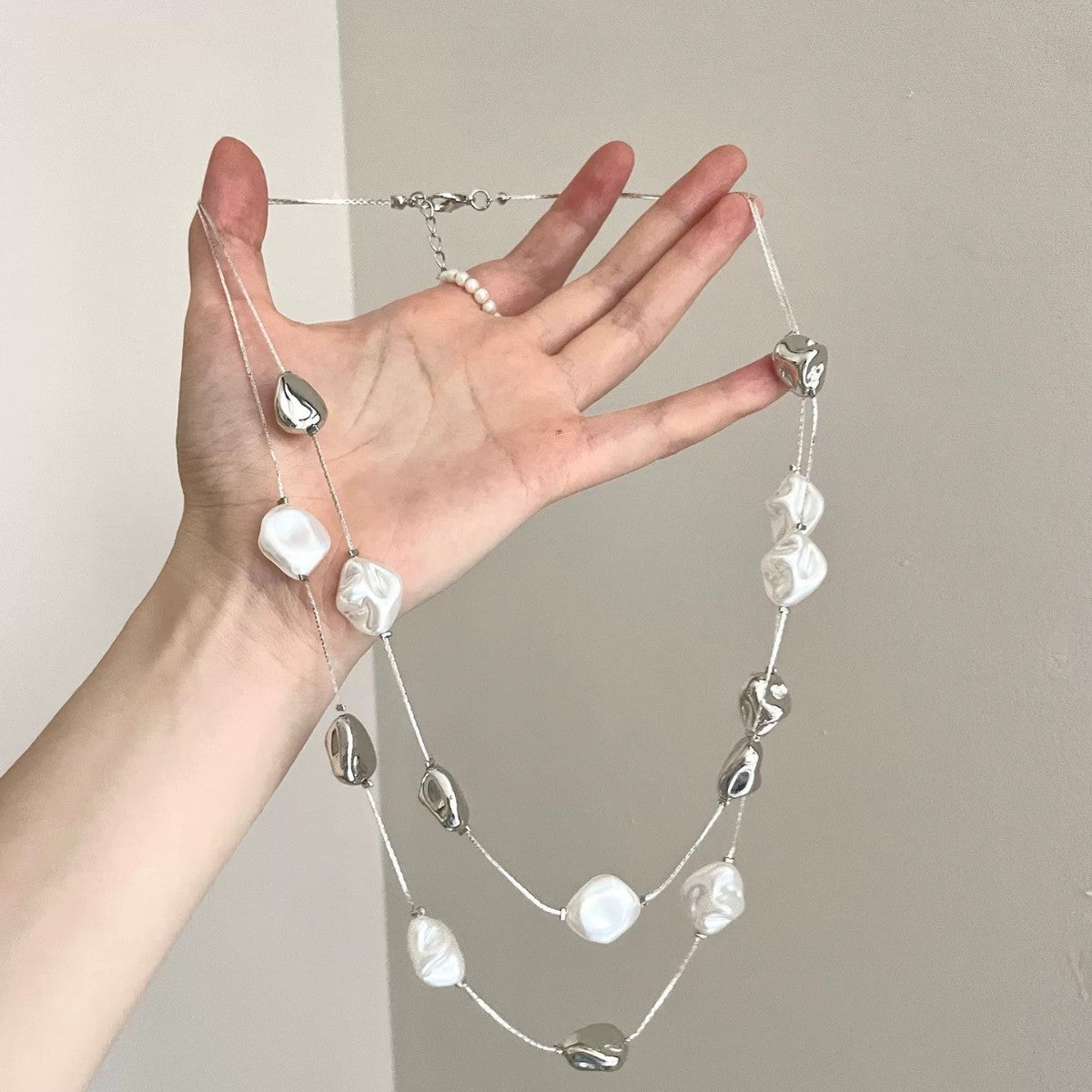 Irregular Pearl & Sculptural Bead Layered Necklace
