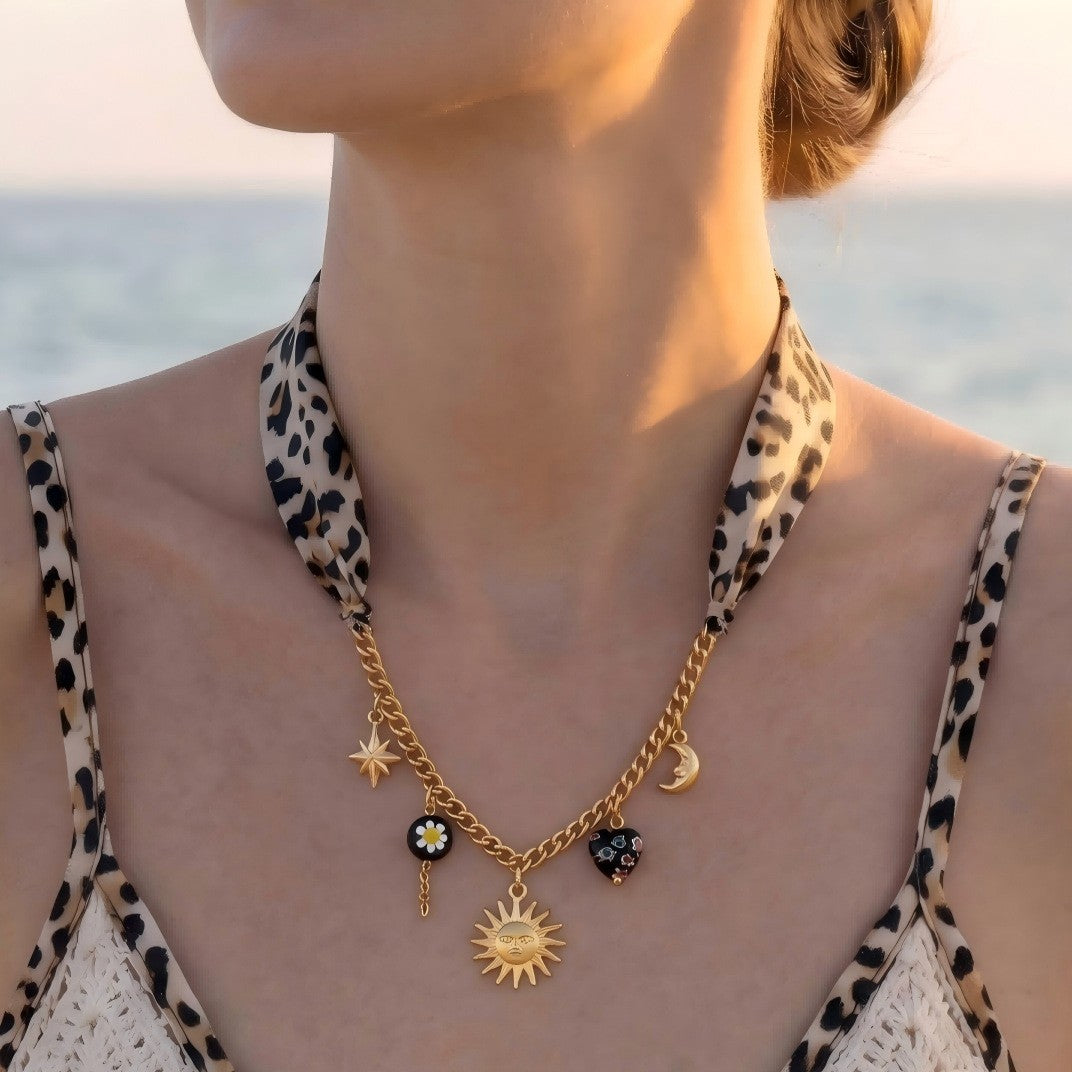Leopard Print Scarf Sun & Moon Necklace