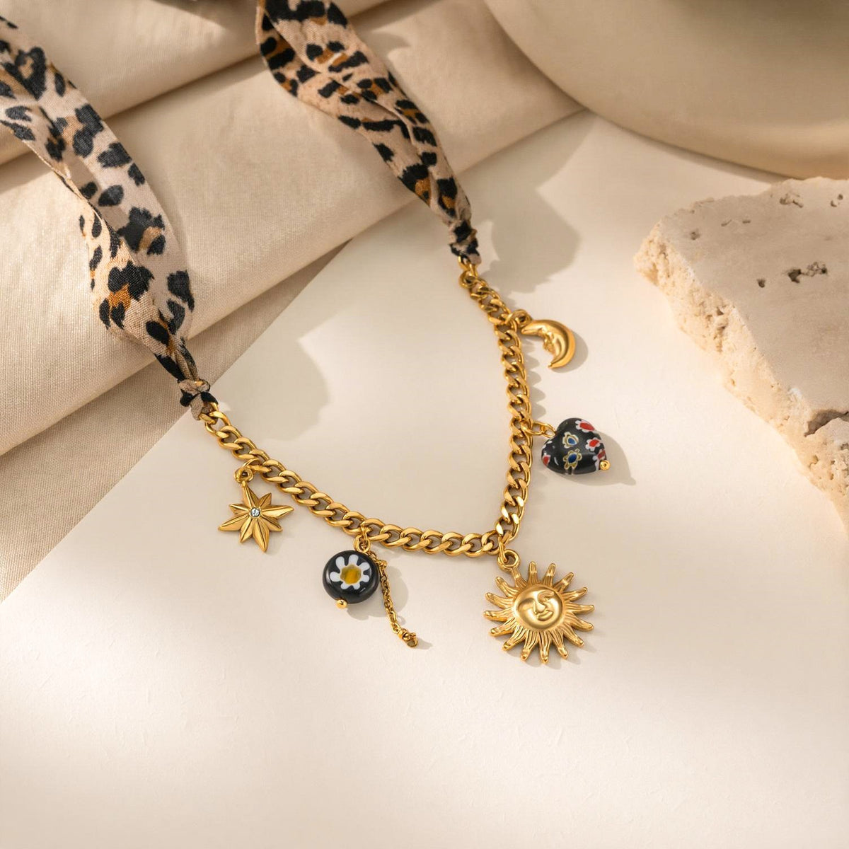 Leopard Print Scarf Sun & Moon Necklace