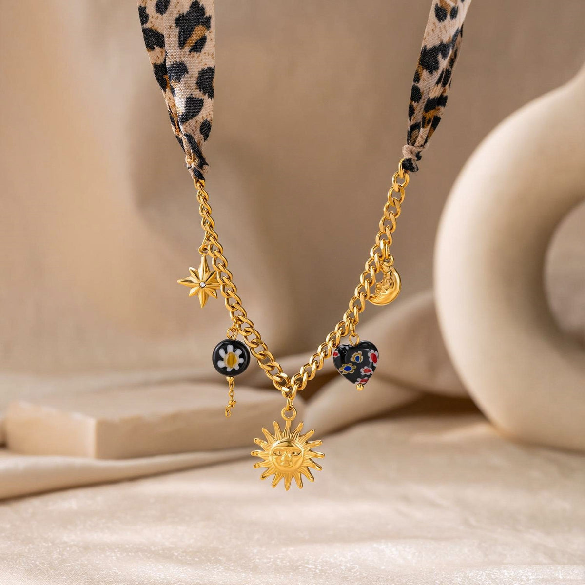 Leopard Print Scarf Sun & Moon Necklace