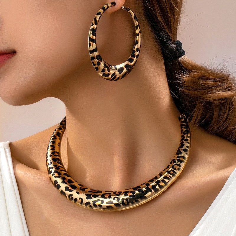 Leopard Print Collar Necklace & Hoop Earring Set