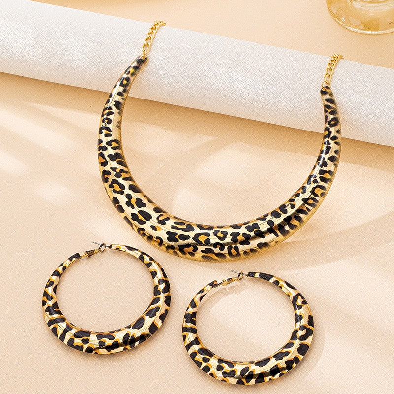 Leopard Print Collar Necklace & Hoop Earring Set