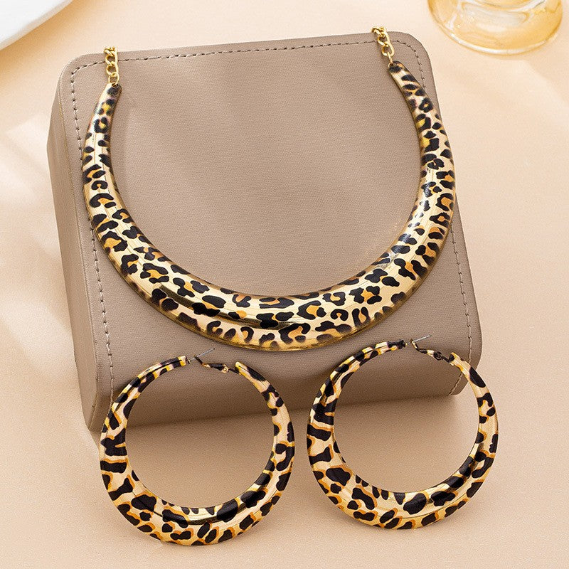 Leopard Print Collar Necklace & Hoop Earring Set
