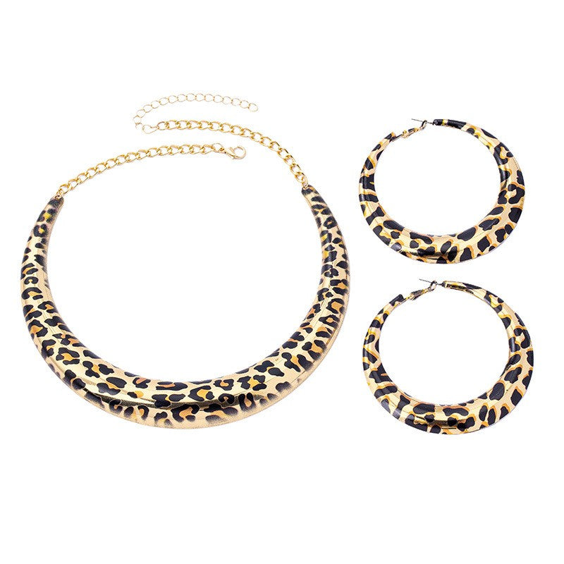 Leopard Print Collar Necklace & Hoop Earring Set