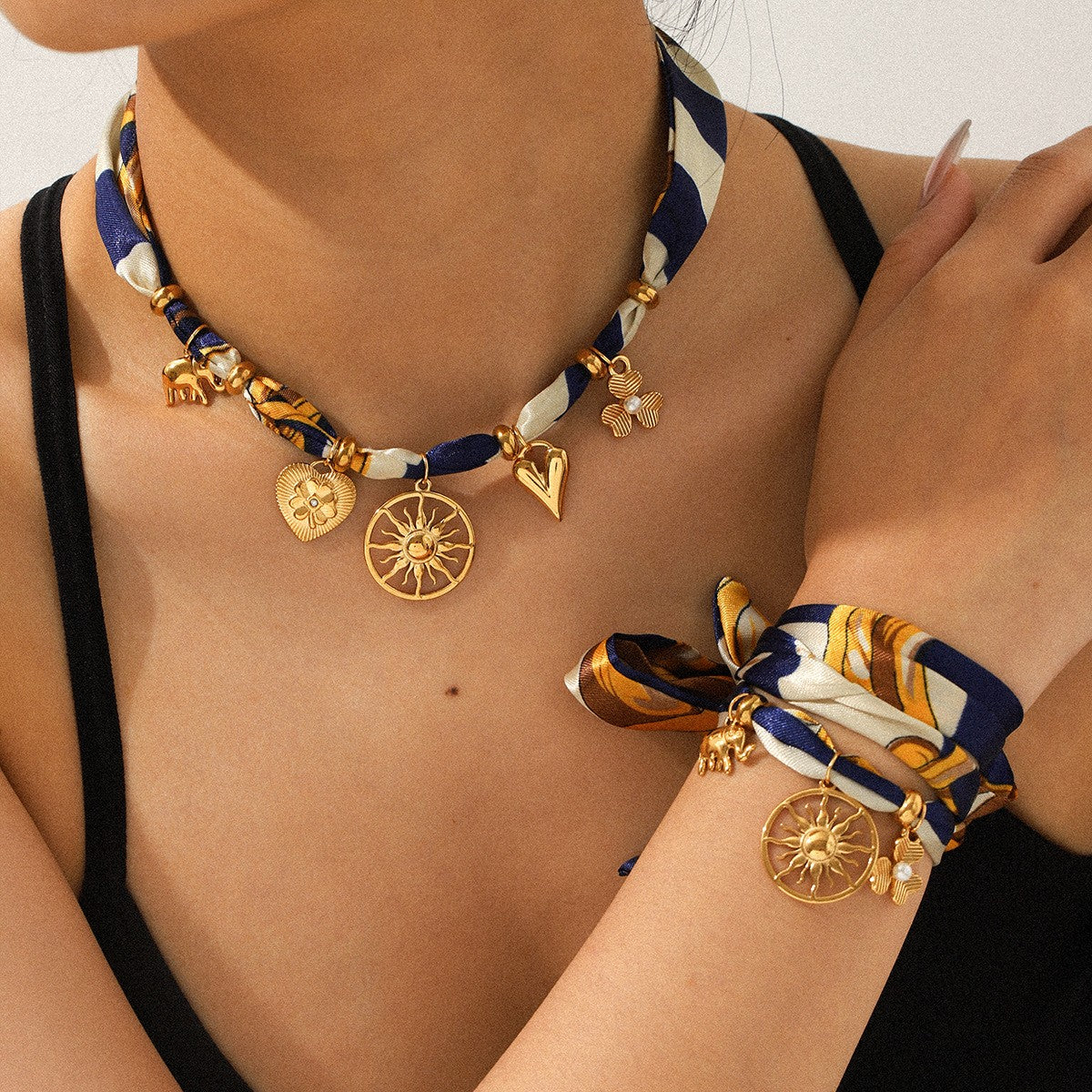 Sun & Heart Scarf Necklace & Bracelet Set