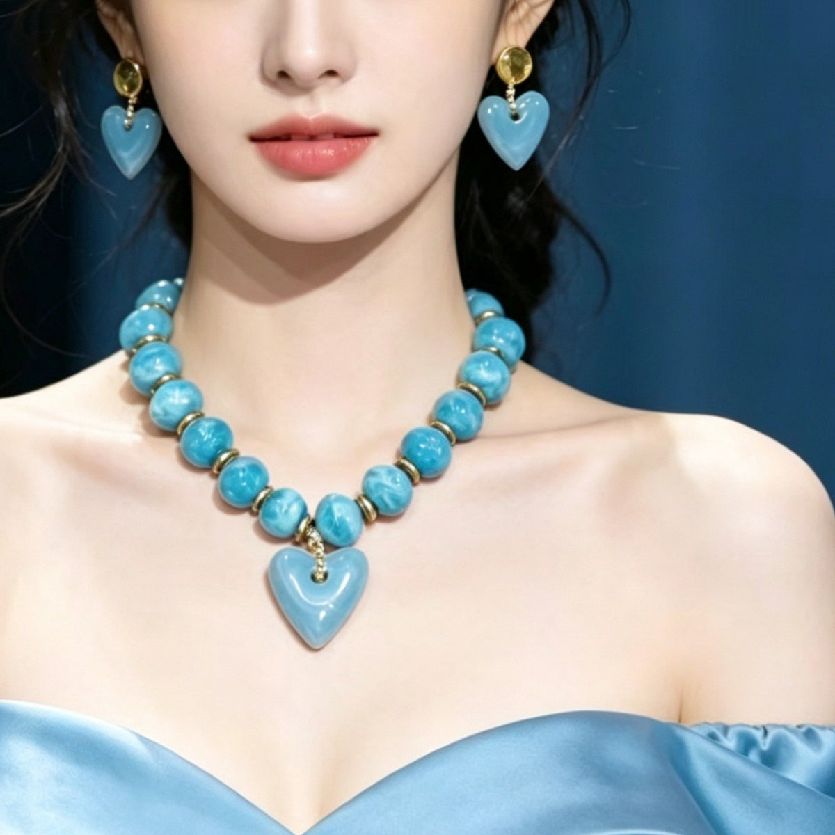 Blue Marble Beaded Heart Necklace & Earring Set