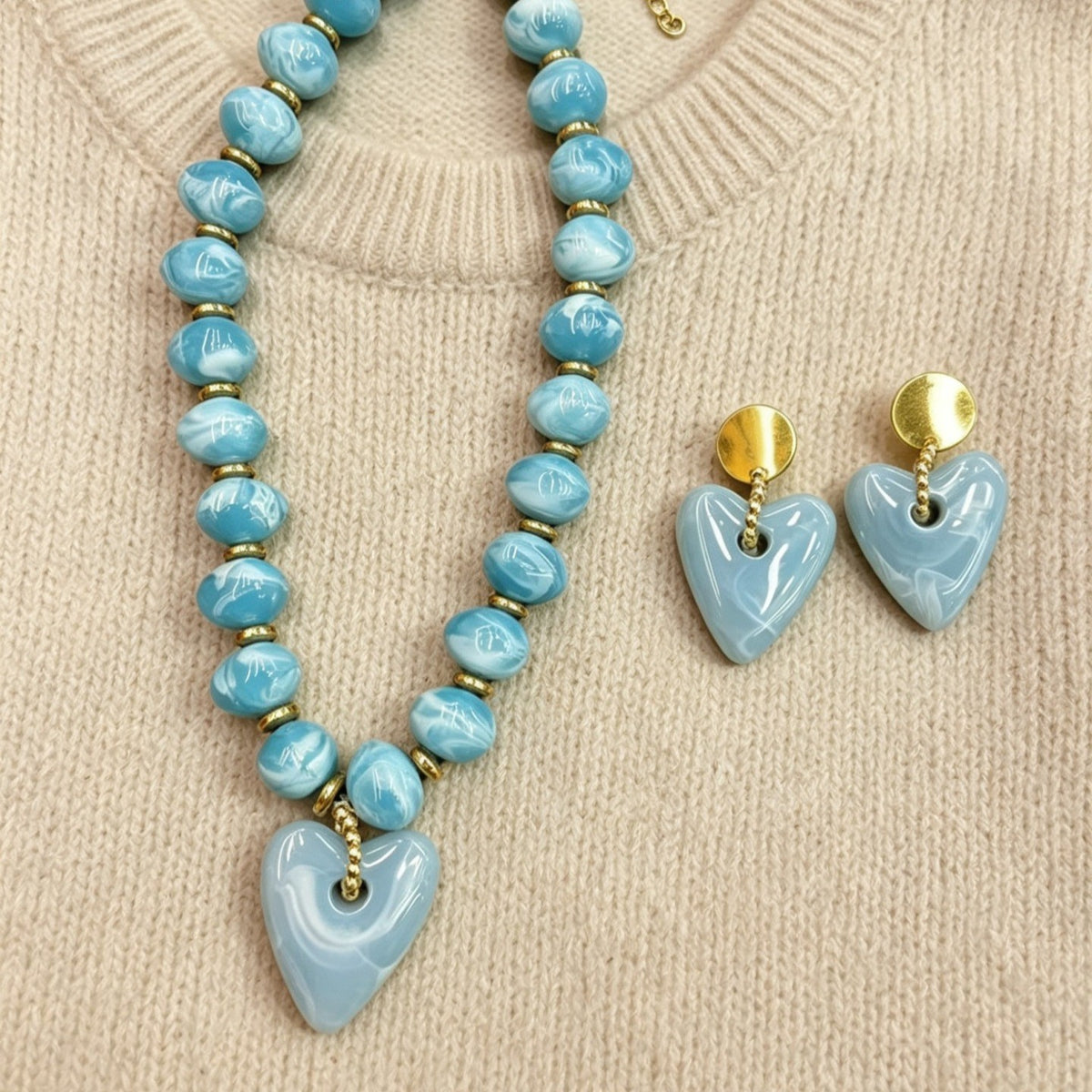 Blue Marble Beaded Heart Necklace & Earring Set