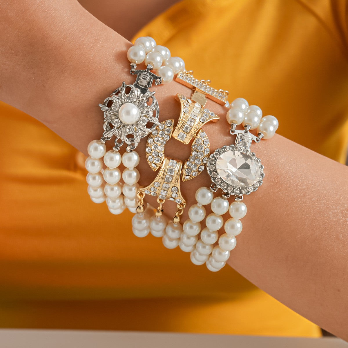 Crystal & Pearl Multi-Strand Charm Bracelet