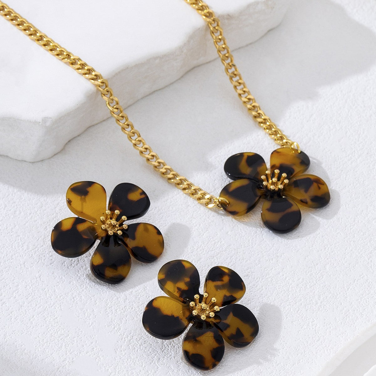 Tortoise Shell Flower Necklace & Earring Set