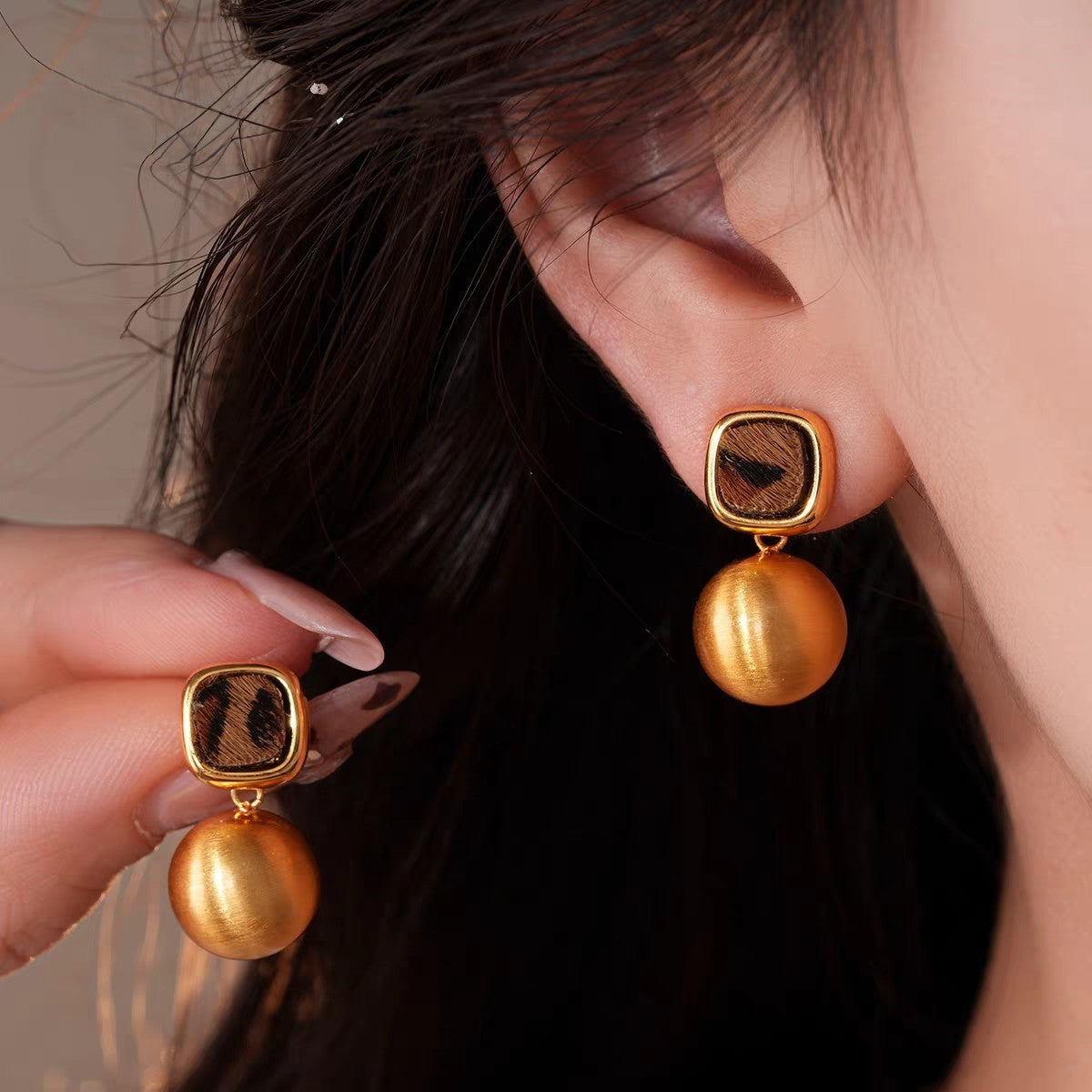 Leopard Square Ball Drop Earrings