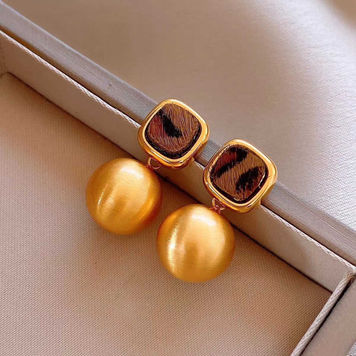 Leopard Square Ball Drop Earrings