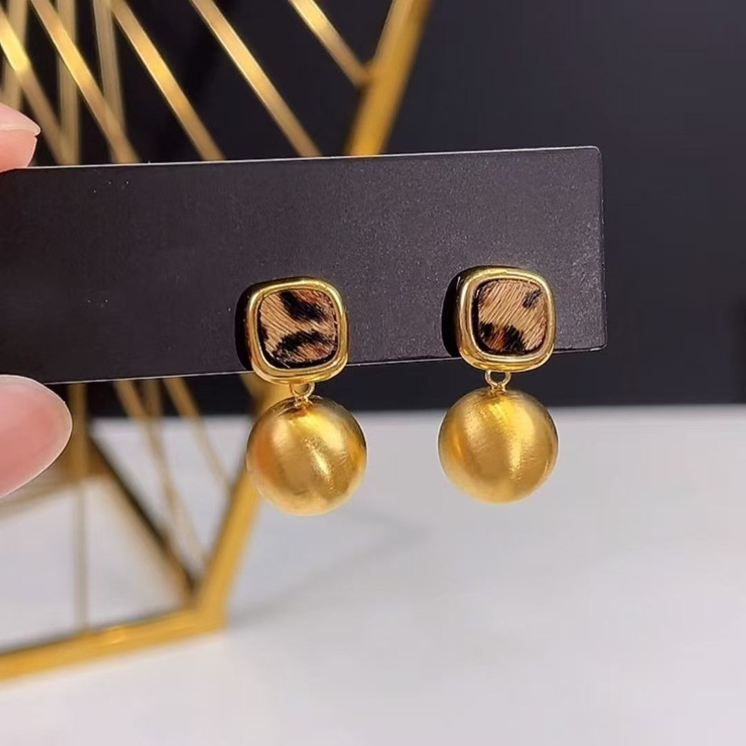 Leopard Square Ball Drop Earrings
