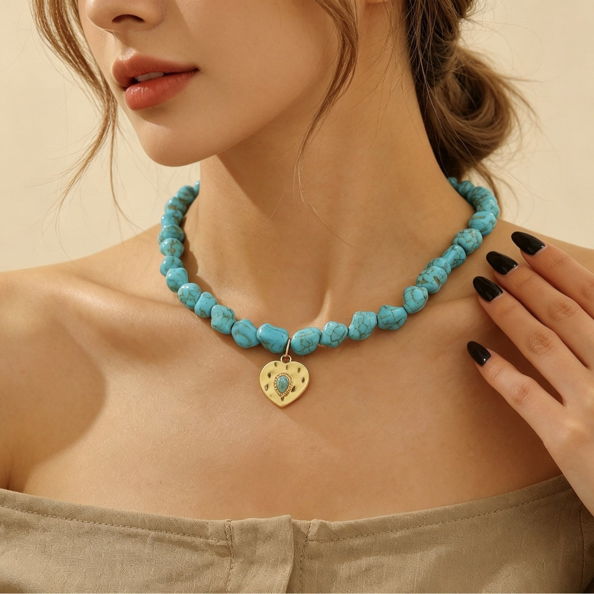 Turquoise Bead Heart Charm Necklace