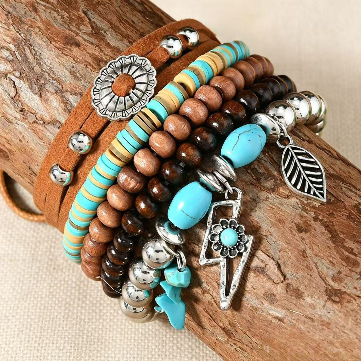 Turquoise & Wood Charm Wrap Bracelet
