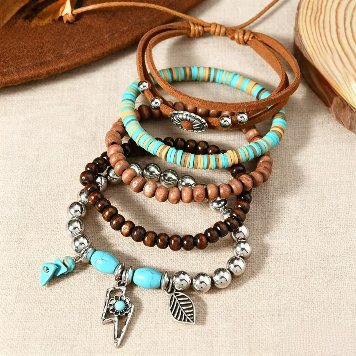 Turquoise & Wood Charm Wrap Bracelet