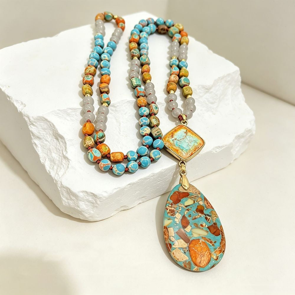 Multicolor Beaded Mosaic Pendant Necklace