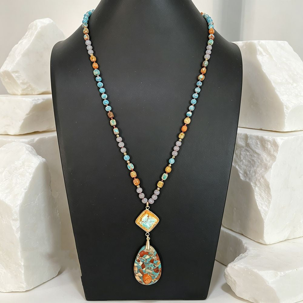 Multicolor Beaded Mosaic Pendant Necklace