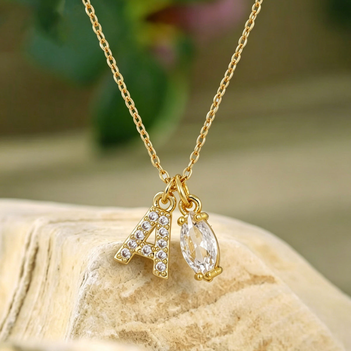 Crystal Initial & Marquise Charm Necklace