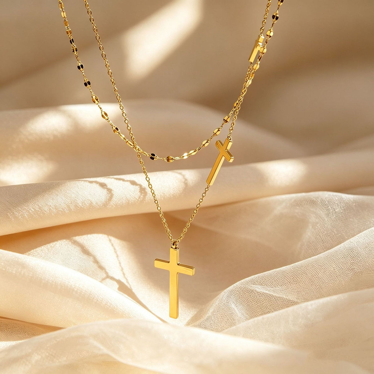 Double Layer Cross & Bead Necklace