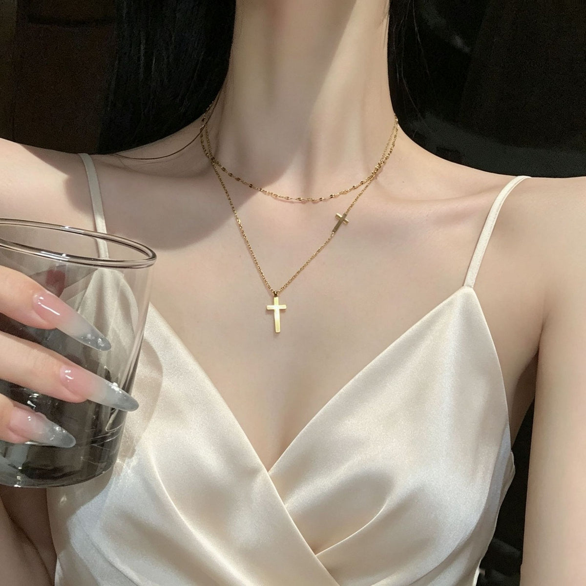 Double Layer Cross & Bead Necklace