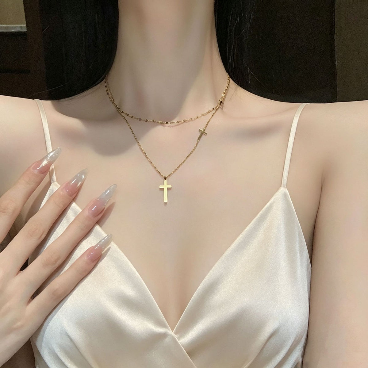 Double Layer Cross & Bead Necklace