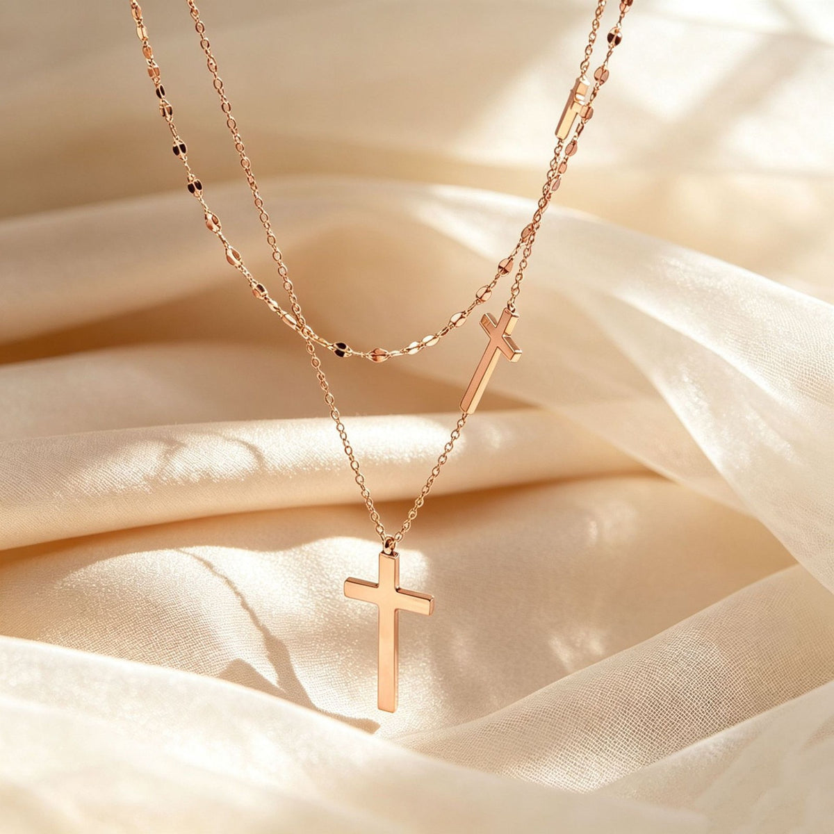 Double Layer Cross & Bead Necklace