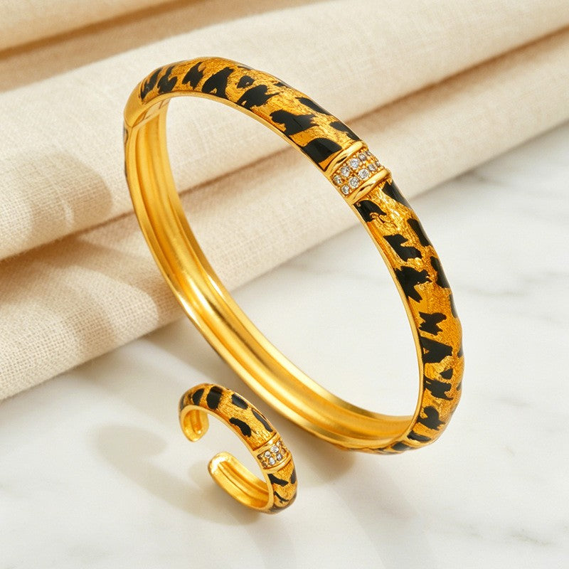 Leopard Print Hinged Bangle & Ring Set