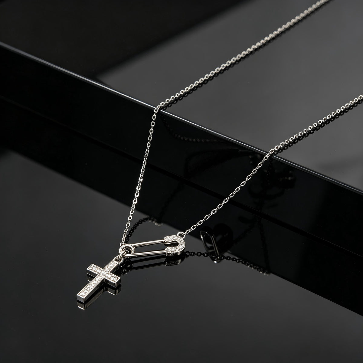 Crystal Cross Safety Pin Necklace