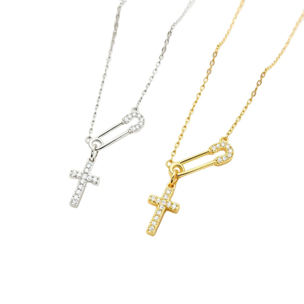 Crystal Cross Safety Pin Necklace