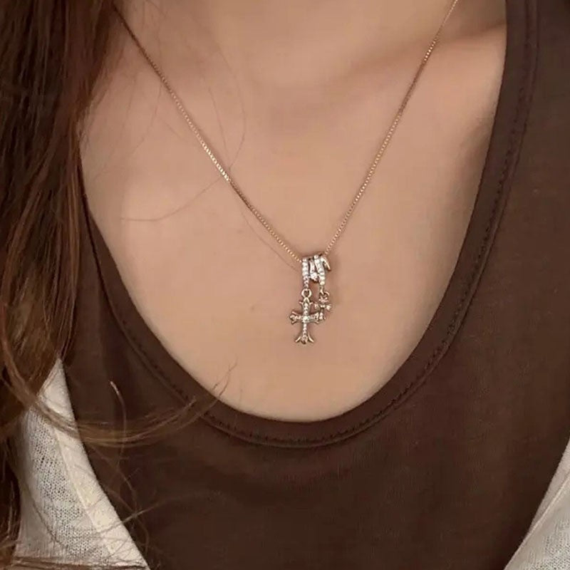 Crystal Bow & Cross Pendant Necklace