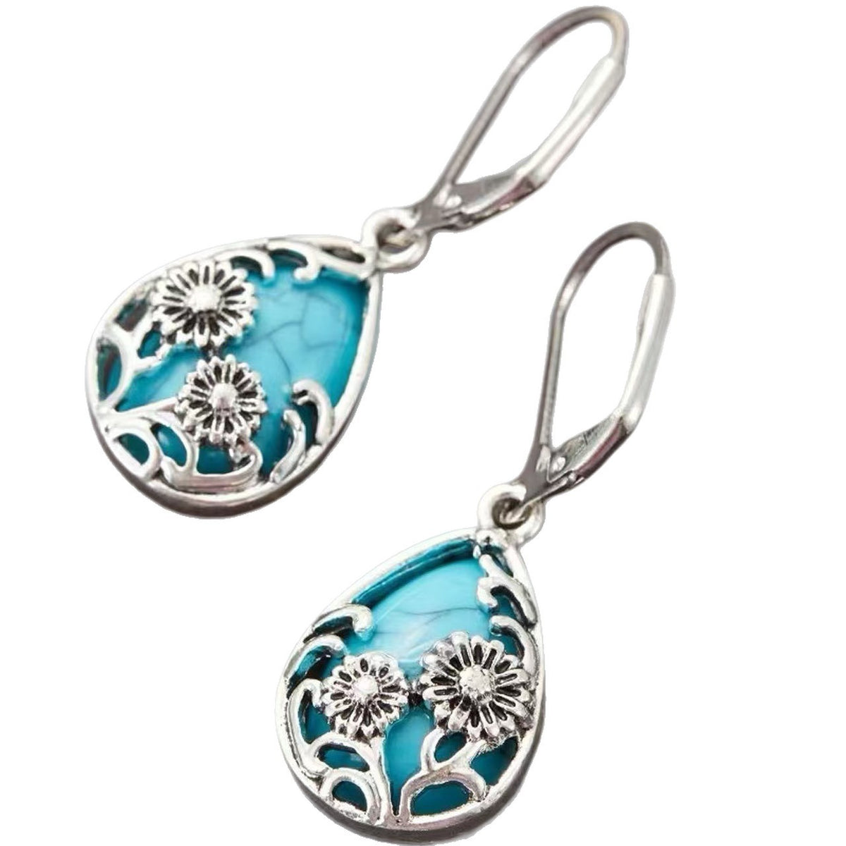 Blue Floral Filigree Teardrop Earrings