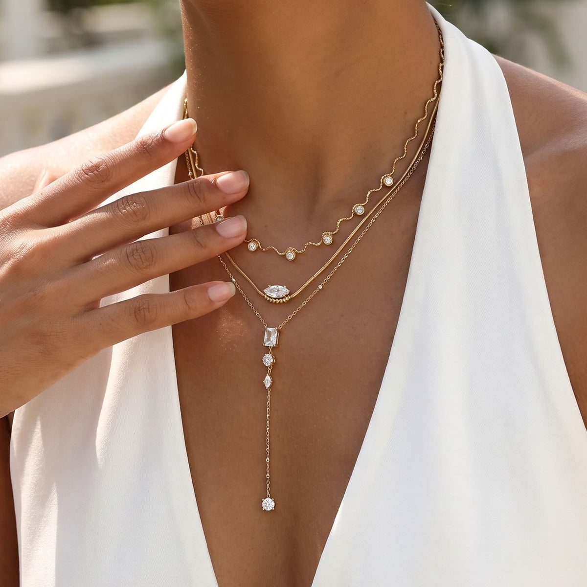 Wavy Crystal & Lariat Layered Necklace