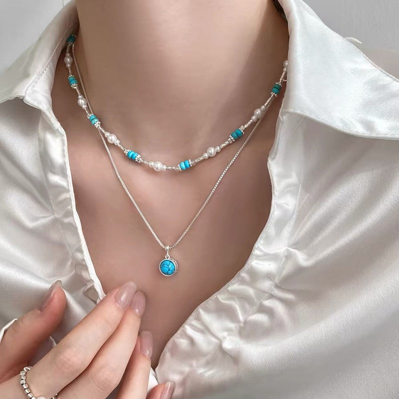 Turquoise Pearl Layered Necklace Set