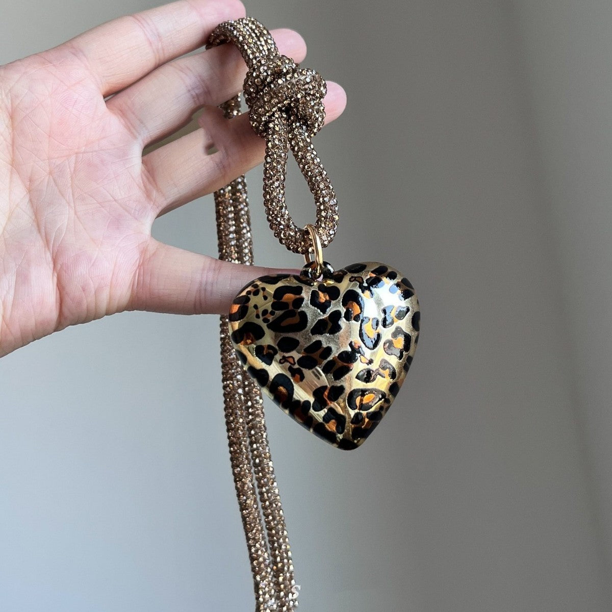 Leopard Heart Rhinestone Knot Necklace