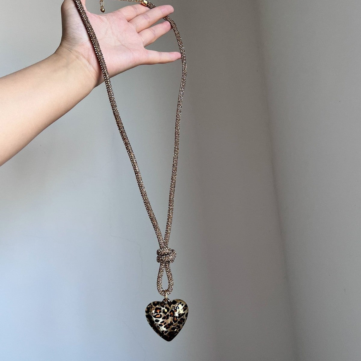 Leopard Heart Rhinestone Knot Necklace